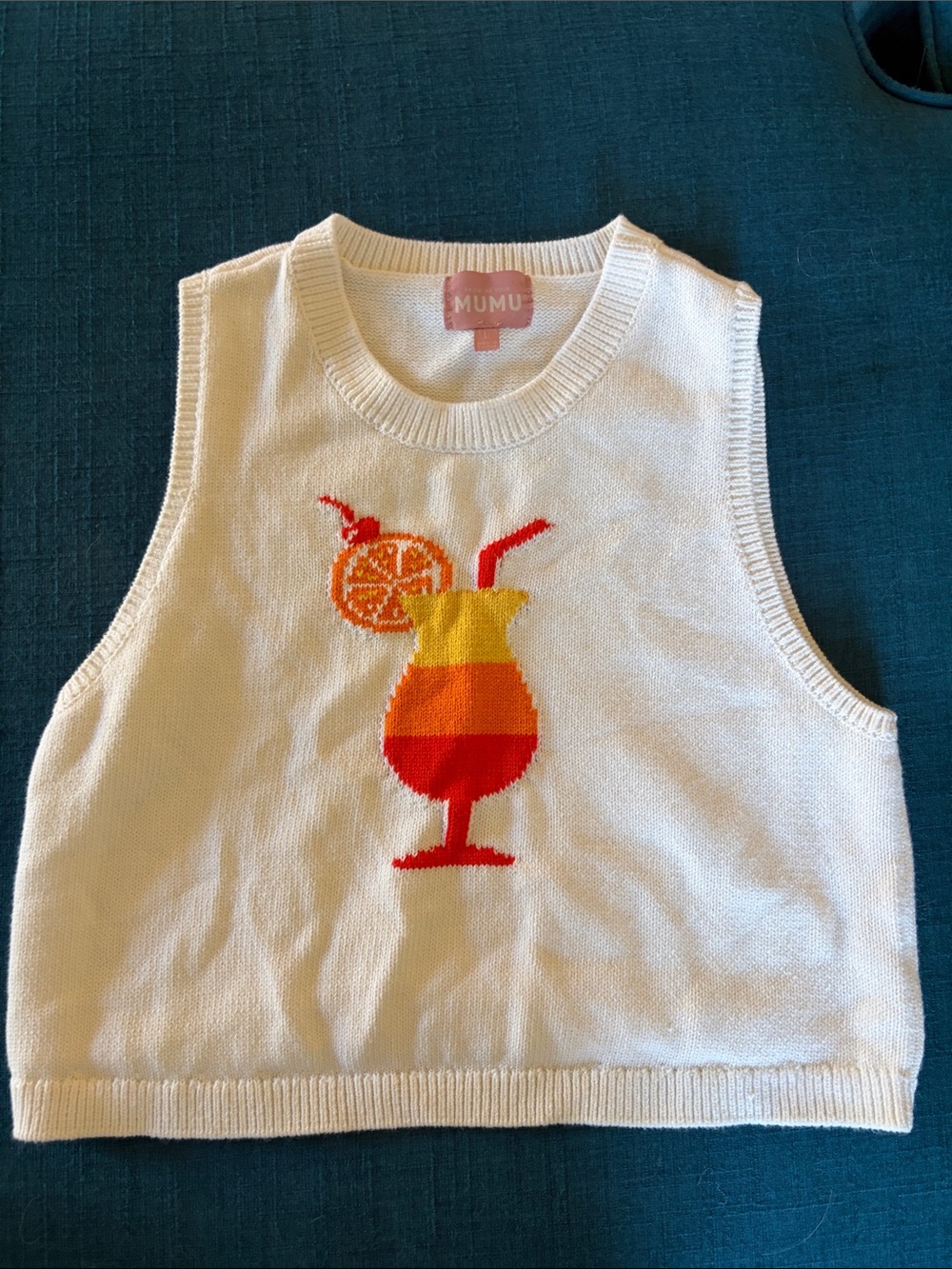 Mumu White womans L, but fits like a S, Knit Tank Top with Orange Cocktail Motif